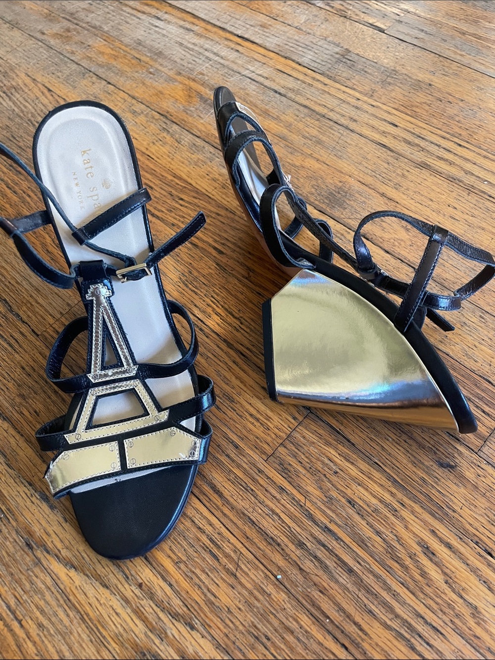 kate spade Black and Gold Eiffel-Accent Strappy Wedges